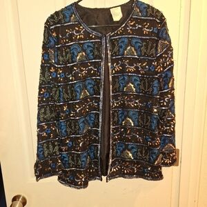 Vintage Sequins Embellished Blue Silver Black Evening Party Jacket Large